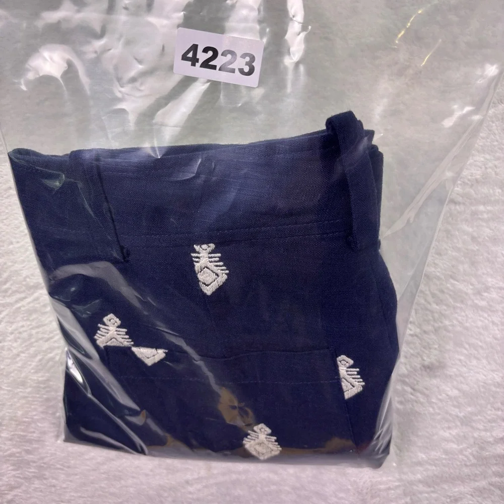 Zara Women Culottes‎ Small Navy Blue Embroidered Linen Blend High Rise Wide Leg